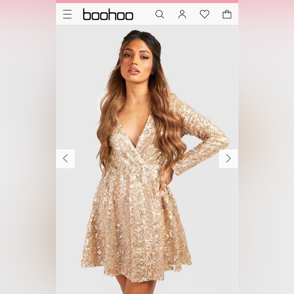 Boohoo SEQUIN WRAP SKATER PARTY DRESS Gold